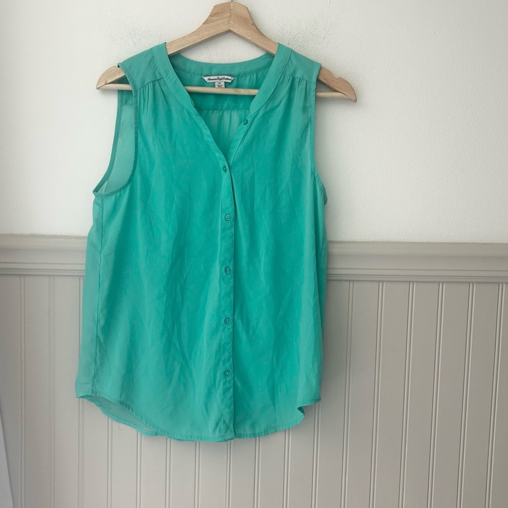 American Eagle Outfitters Small Teal Button Down Sheer Sleeveless Blouse